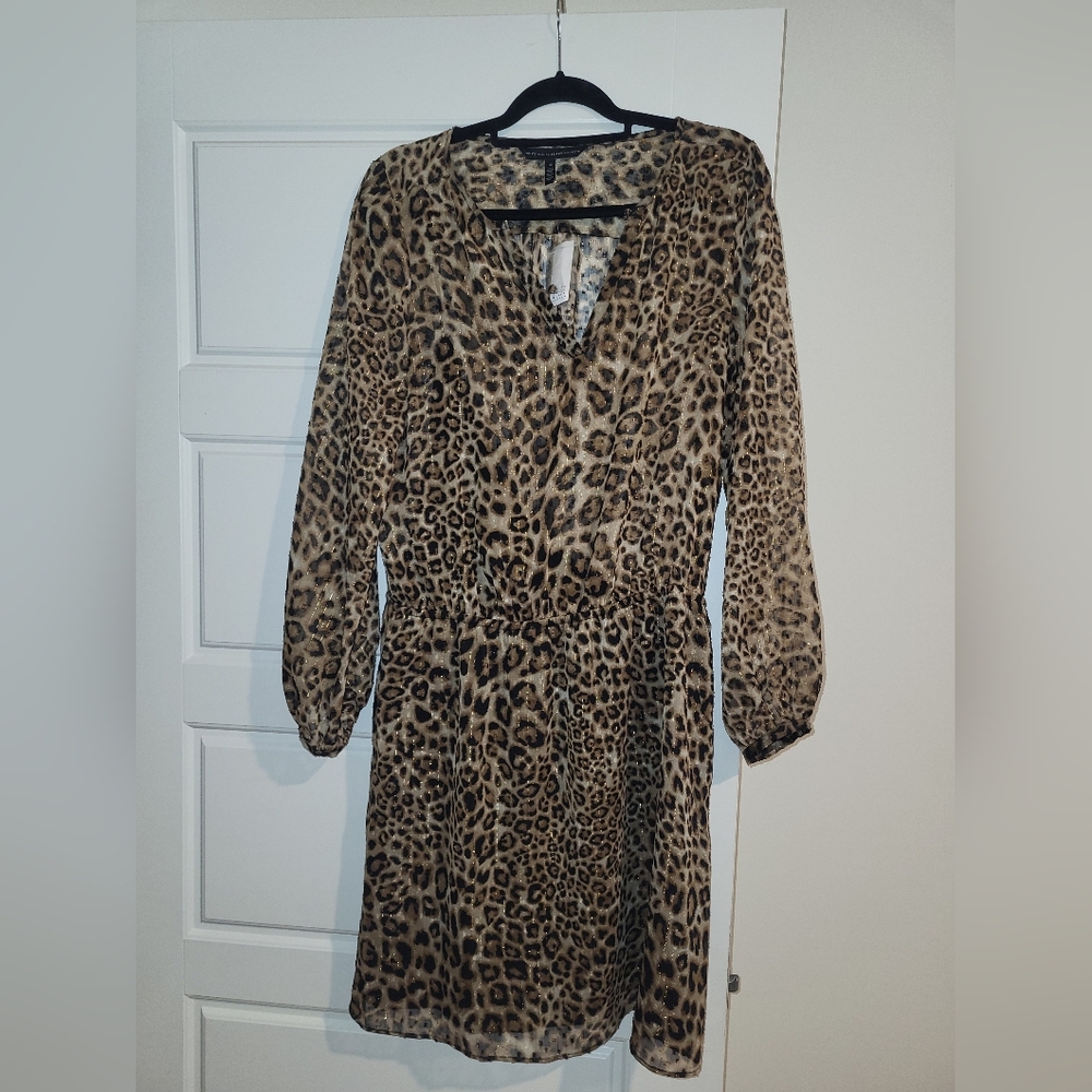 WHBM Leopard Print V-Neck Soft Blouson Dress Women’s 12